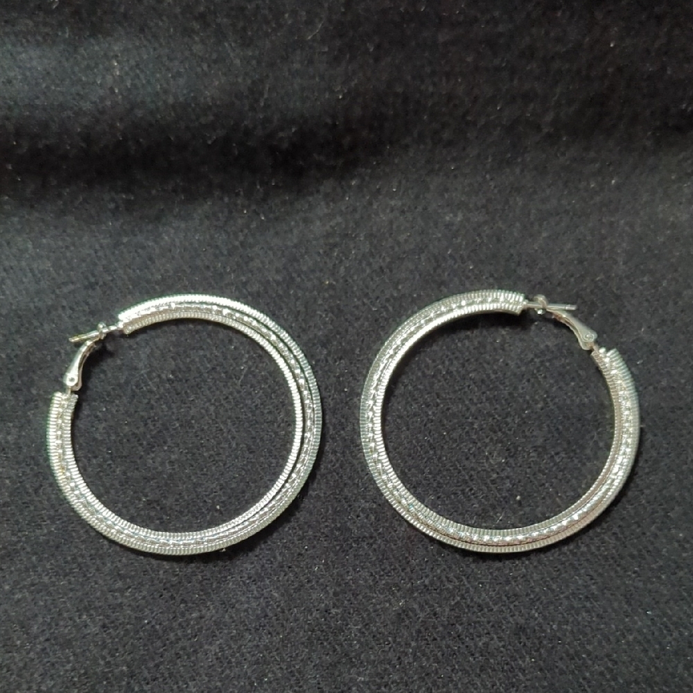 Silver Tone Textured Hoop Statement Earrings